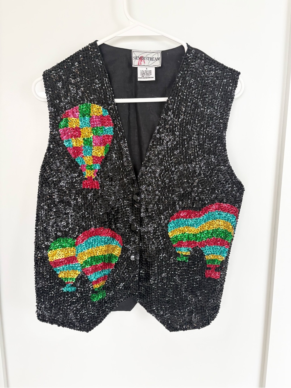 Vintage Silver Stream Black Sequin Balloon Vest Colorful Beaded Festival -S
